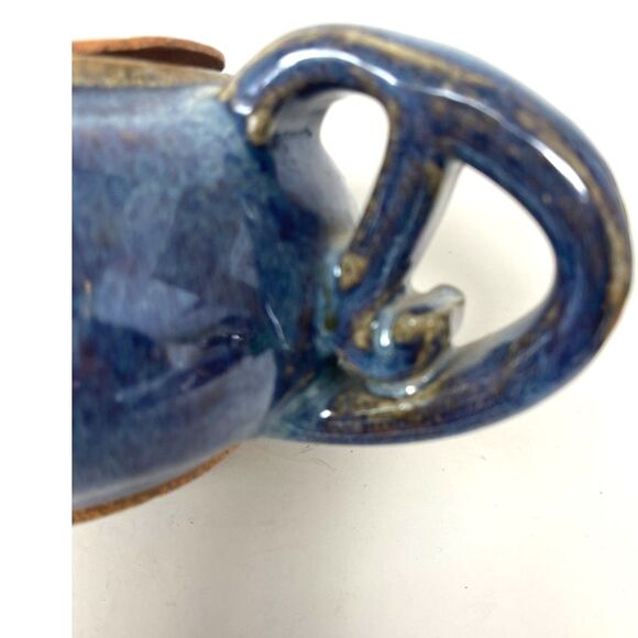Studio Art Pottery RUSTIC Blue High GLAZE Teapot With Unique Handle Signed - Picture 5 of 10